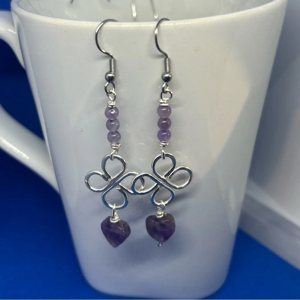 Silver and Purple amethyst Beaded Dangle Earrings handmade
